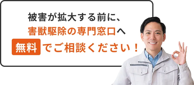 被害が拡大する前に、害獣駆除の専門窓口へ無料ででご相談ください！